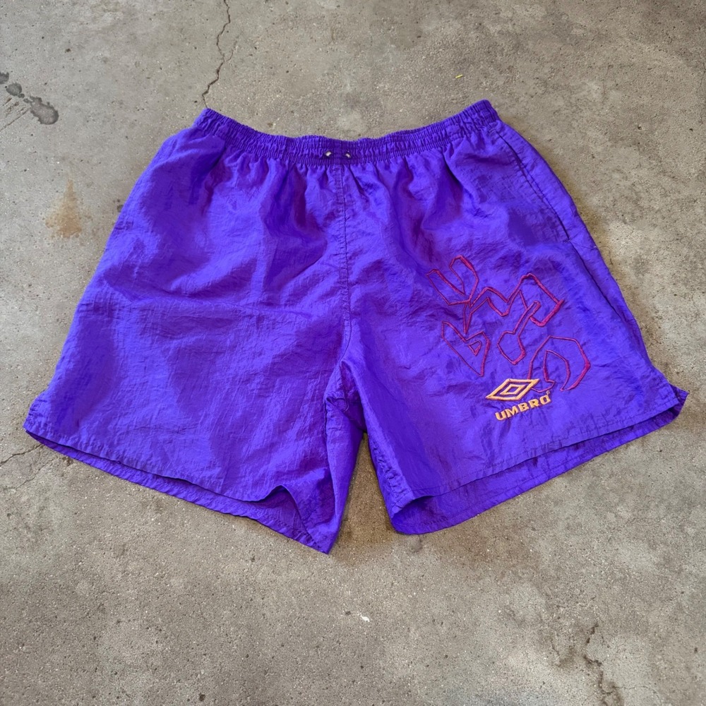 Vintage 90s Umbro Shorts Men Medium Purple Nylon Soccer Athletic USA Made Dazzle